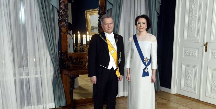 Jenni Hauki, with President Sauli Niinisto, in the evening gown made of 100 percent birch based Ioncell fabric. Image credit Vesa Moilanen Lehtikuva.jpg