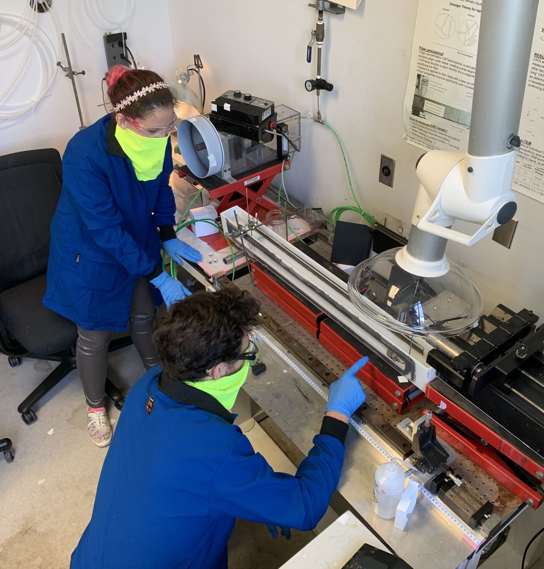 Rice University graduate students Lauren Taylor and Oliver Dewey work to refine the process. Credit Pasquali Research Group.jpg